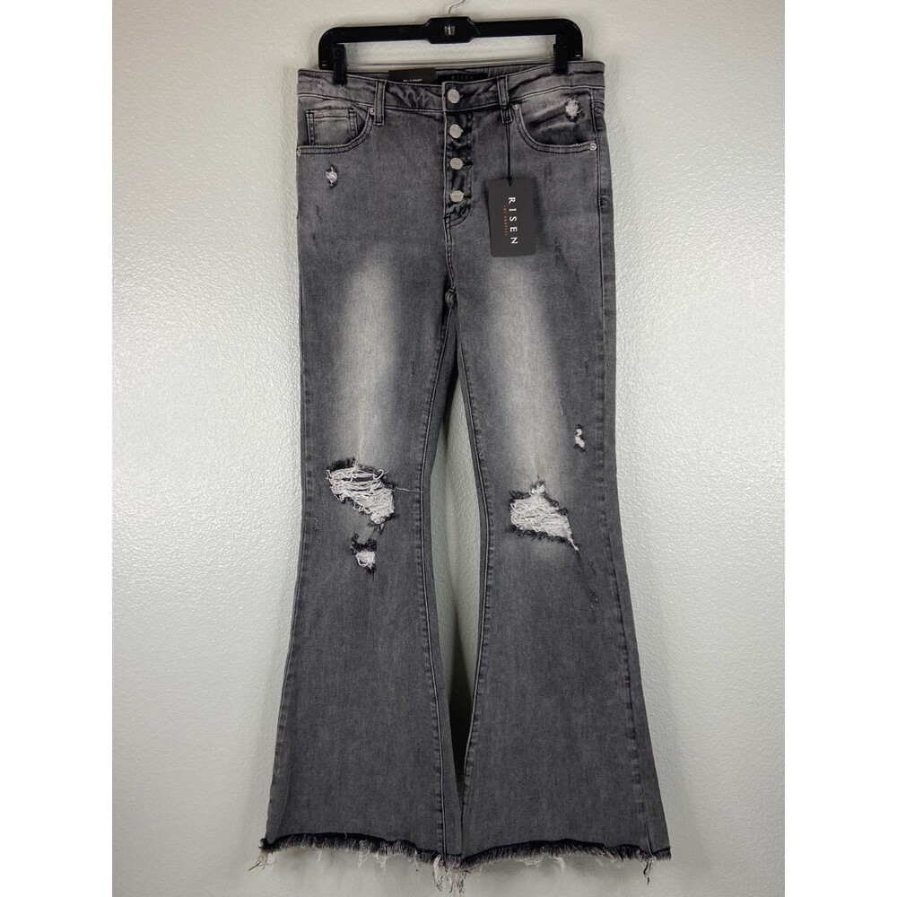 Risen Women 31/13 Gray Jeans Distressed Flared Button Front Mid Rise NWT